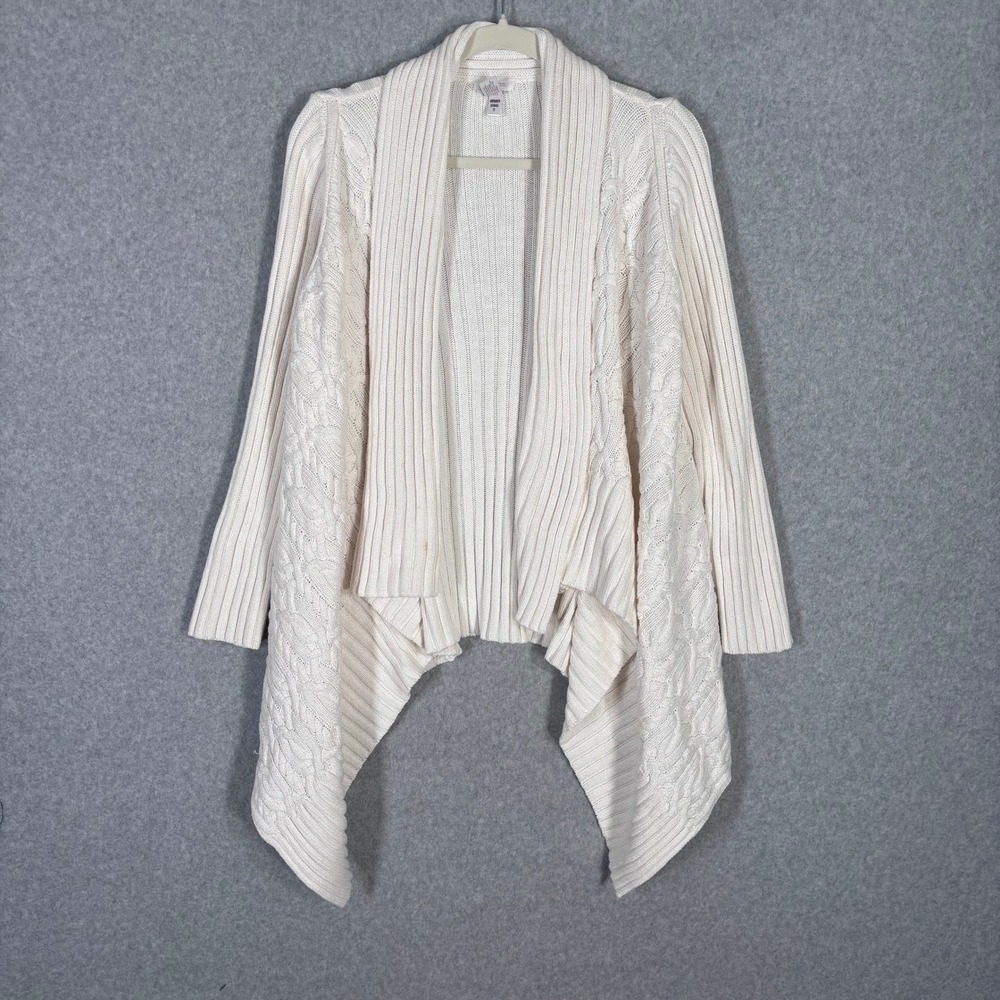 Chicos Cardigan Sweater Small Cream Draped Waterfall Cable Ribbed Cotton READ